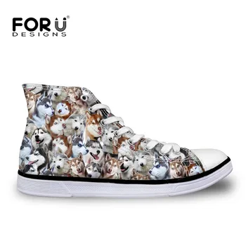 

FORUDESIGNS Cute Animal Husky Women Casual Canvas Shoes Brand Designer High Top Female Vulcanized Shoes Flats Ladies Leisure
