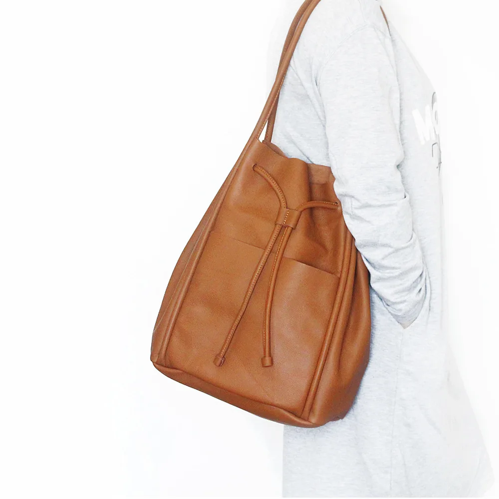 

High-capacity Women Composite Bag Handmade Casual Handbags Genuine Leather Cowhide Bag Lady Bags Solid Fashion Brown String Bags