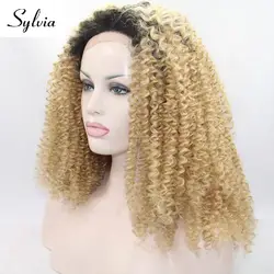 Sylvia коричневый блонд 2T Ombre кудрявые синтетические парики на шнурках Спереди Темно-корни натуральные бесклеевые термостойкие волокна волос