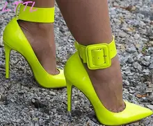 Spring Hot Neon Patent Leather Women Pointy Toe Pumps Thicken Ankle Buckle Ladies Sexy High Heels Fashion Party Shoes