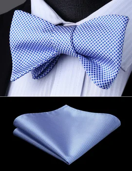 

Bow Tie handkerchief set Men Woven Party Wedding Blue Plaid & Chcek Self Bow Tie Pocket Square Set#BC616BS