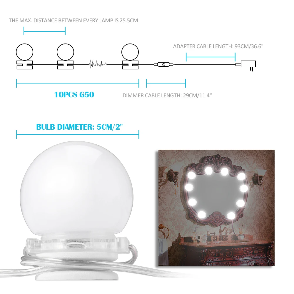 Водонепроницаемый 10 Светодиодный светильник для макияжа с зеркальной лампочкой с сенсорным управлением в голливудском стиле, комплект декоративной лампы с вилкой европейского стандарта