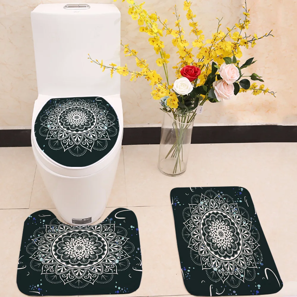 

Flannel Three-piece bathroom toilet colorful Mandala printing carpet Anti-slip mat Absorbent floormat customize U shape doormat