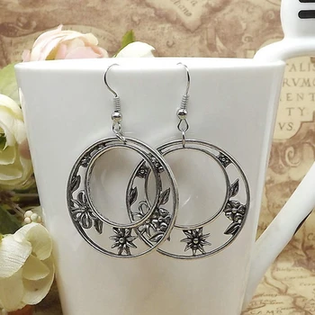 

Fashion Women Vintage Ethnic Tibetan Silver Long Big Round Hollow Flower Round Drop Earring Ear Hook Drop Earrings