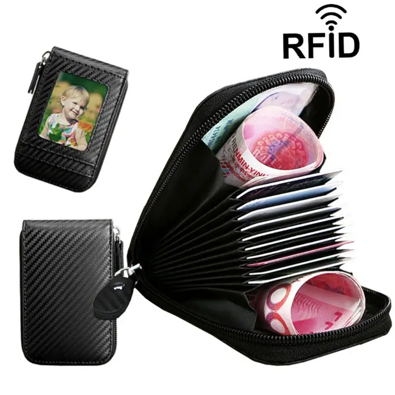 

2019 Fashion New Men Women RFID Vintage Carbon Fiber Leather Organizer Business Credit Card Holder Travel Card Bag Small Wallets