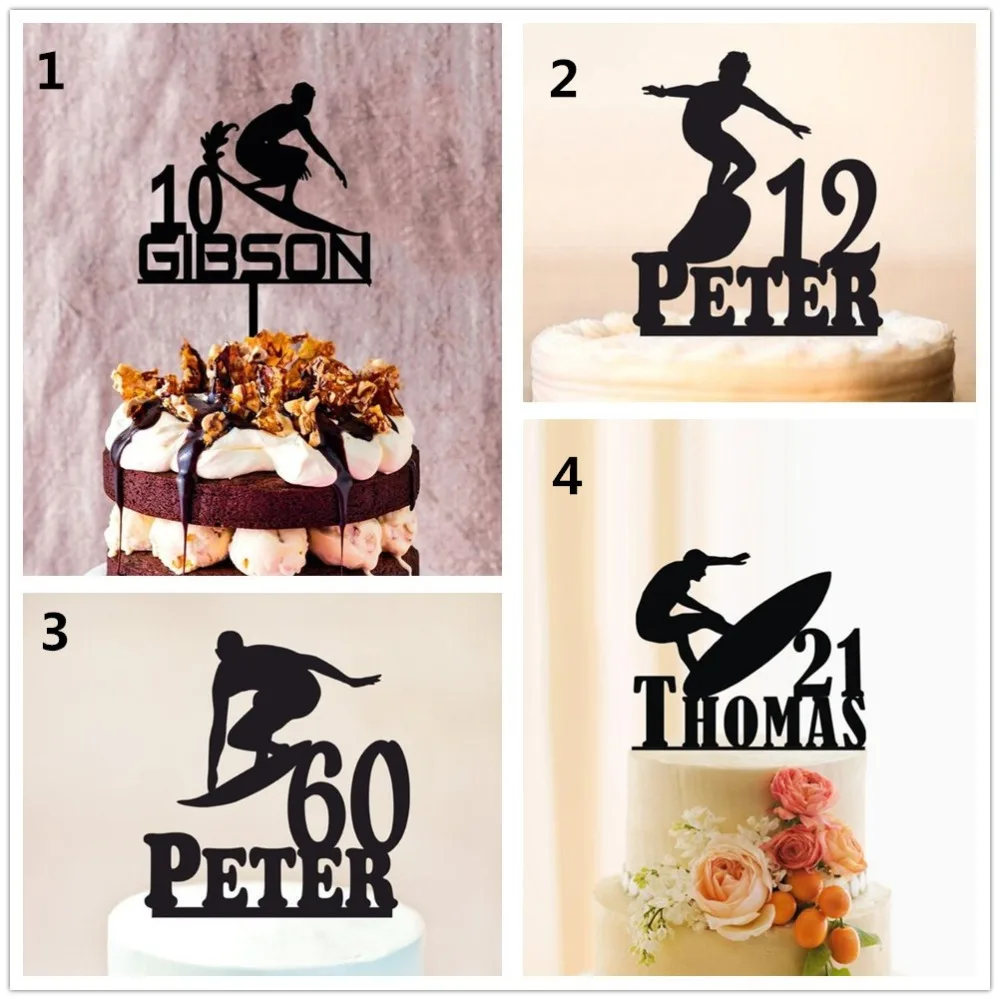 

Personalized Surfing Birthday Cake Topper Custom Name Age Birthday Party Cake Decoration Acrylic Wooden Unique Party Supplies