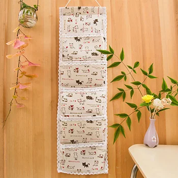 

Floral Pattern Cotton Linen Hanging Storage Bag 5 Pockets Wall Mounted Wardrobe Hang Bag Wall Pouch cute Toys Organizer