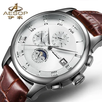 

AESOP Man Automatic Mechanical Watch Men Luxury Wrist Moon phase Wristwatch Genuine Leather Male Clock Relogio Masculino Hodinky