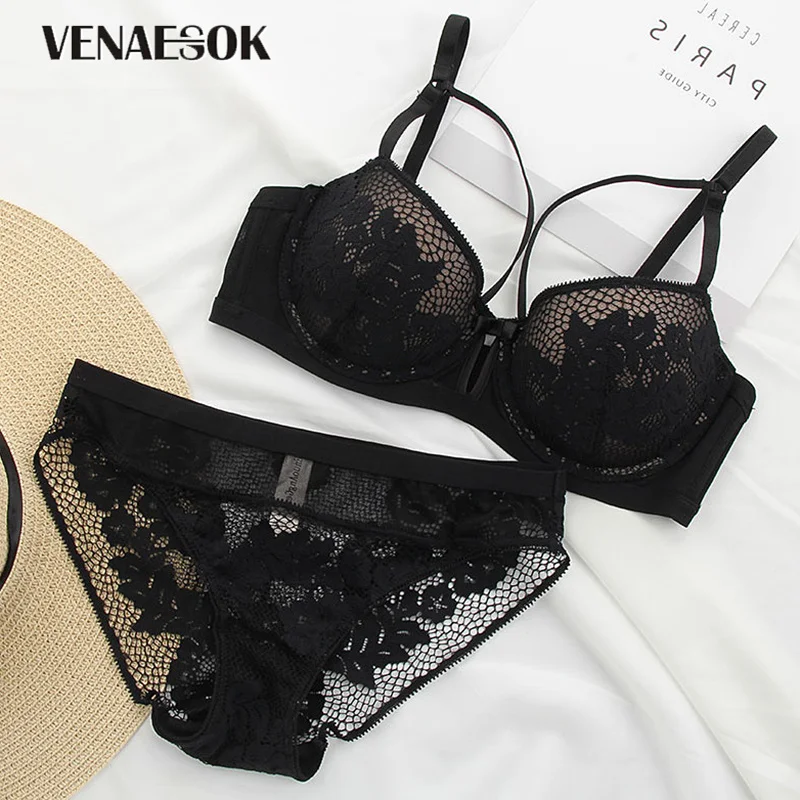 Classic Black Bandage Bra Panties Set Women Lingerie Embroidery Lace Brassiere Thick Push Up Bras Cotton Sexy Underwear Set New