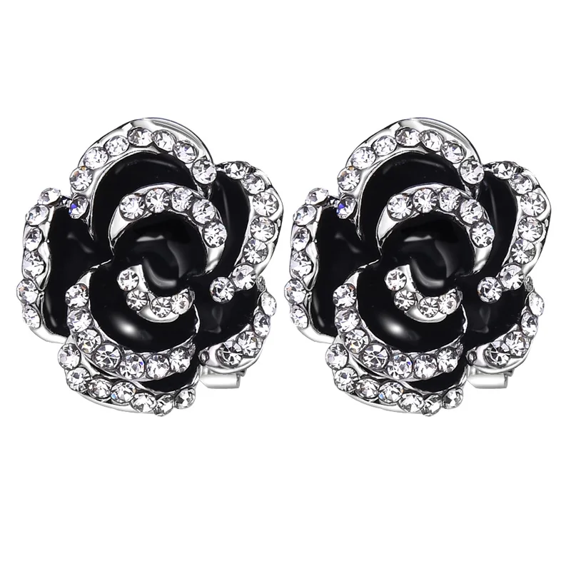 

18Bre fashion charm black/red Enamel Rose flower earrings for women Rhinestone flower elegant Stud Earring Female fine Jewelry