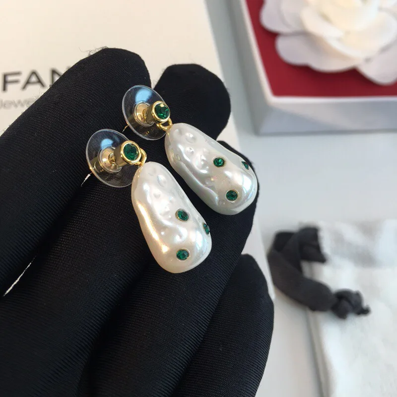 

Fashion replica famous Brand Irregular Pearl Jewelry For Women green cz zircon Freshwater Pearl Earrings Wedding Party Earrings