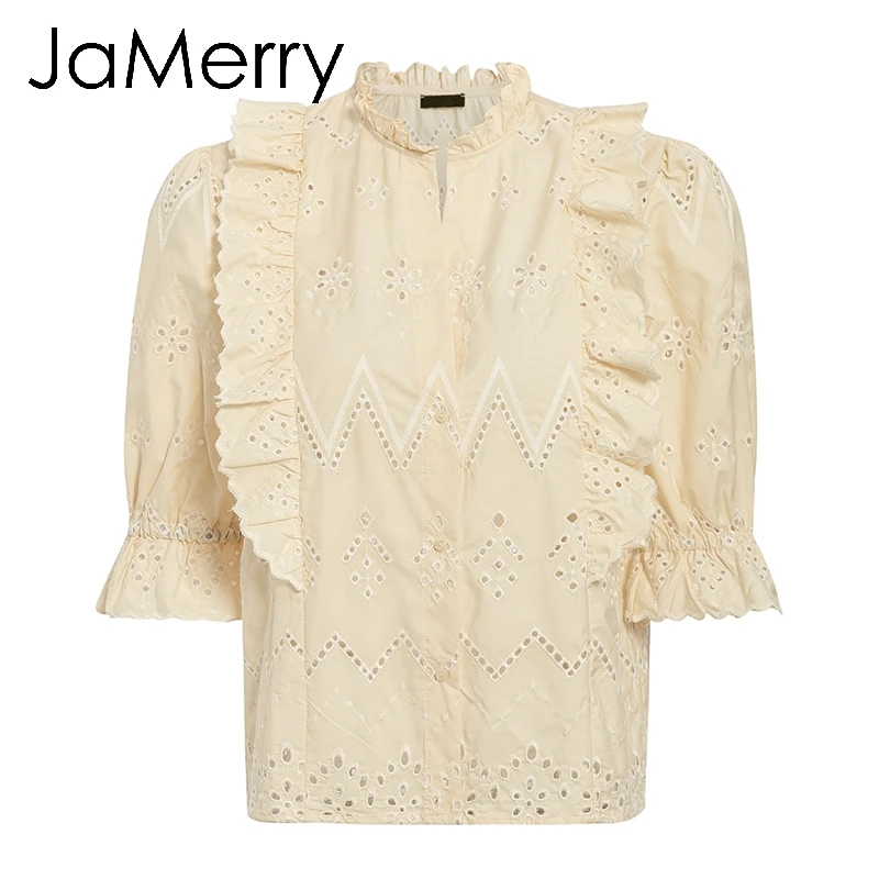 JaMerry Elegant embroidery lace blouse women Summer short sleeve ruffle hollow out tops Fashion ladies solid blouses and tops
