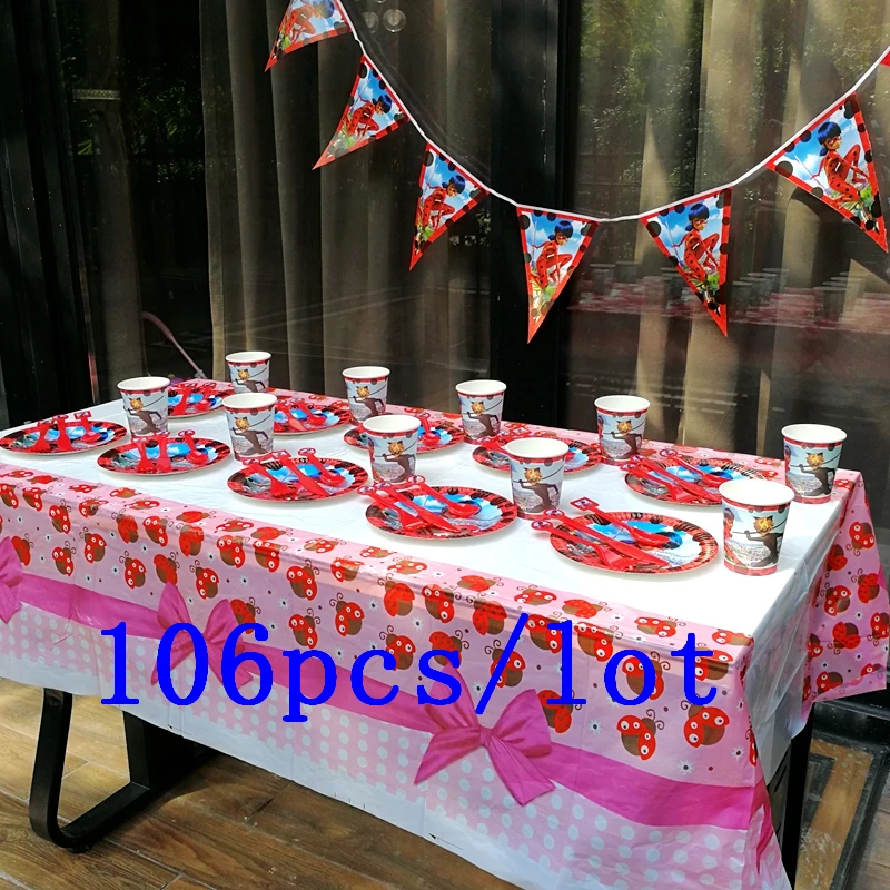 

106Pcs/Lot Wonderful Ladybug Theme Paper Cup Plate Invitation Card Hat Baby Shower Kid Birthday Decoration Wedding Event Supply