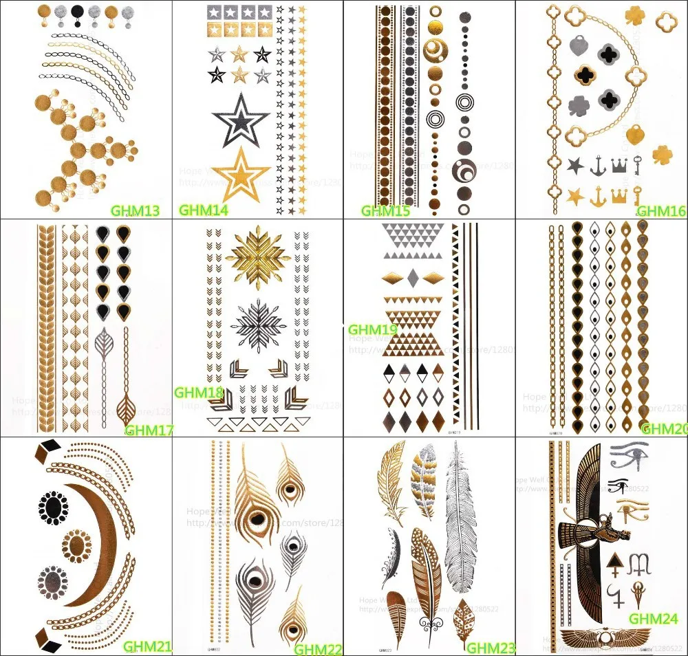 Etiqueta do Tatuagem de Metal Calor cm Metálico Faça Você Mesmo Tatuagem Temporária Ouro 12 Modelos Wholesale12pcs 21 x 10.5 2 Wholesale12pcs calor 21 x 10.5 cm metálico