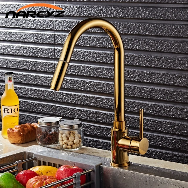 Best Offers Luxury Gold Single Handle Kitchen Faucet Pull Out Sprayer 360 Rotatable Single Hole Sink Mixer Tap XT-63