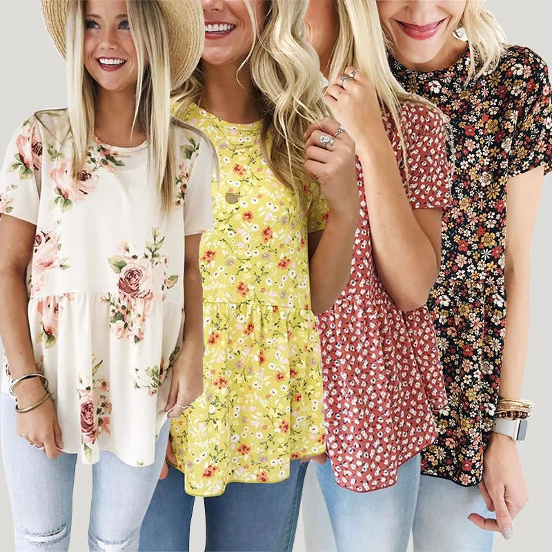 Short Sleeve Shirt Women 2019 Cotton T Shirt Women Summer Floral Print O Neck Casual Loose Tee Tops T-Shirts Vetement Femme