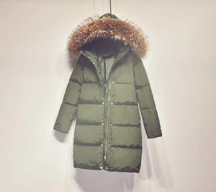Женский пуховик, длинное пальто с подкладкой, большой воротник из искусственного меха, теплый зимний толстый стильный белый/армейский зеленый/черный - Цвет: Армейский зеленый