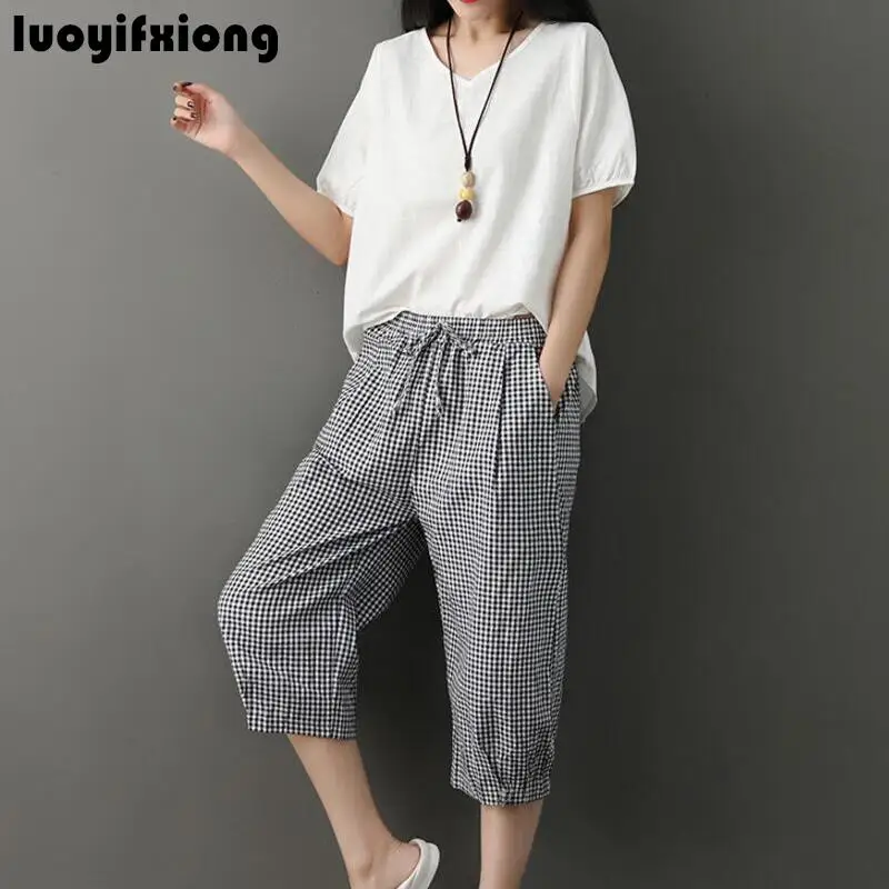 

Cotton Linen 2 Piece Set Women Short Sleeve Tops+calf Length Pants Two Pieces Female Office Suit Set Casual Women Chandal Mujer