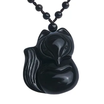 

Genuine Natural Rainbow Lights Obsidian Gemstone Necklaces Pendants Women Female Fox Carved Natural Obsidian Pendant 37x30x12mm