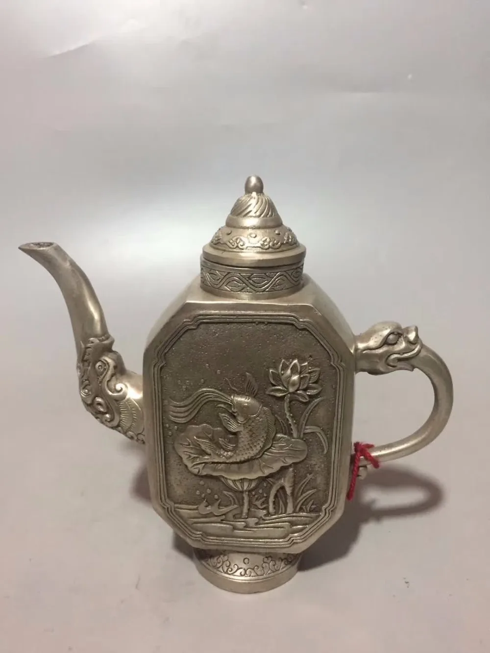 

Home/desk decoration Fish Teapot Metal crafts, Collection Tibet silver old handmade Fish lotus pot /Chinese antique tea pot