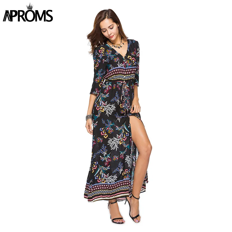 

Aproms V Neck Boho Print Summer Maxi Dress Women Sexy 3/4 Sleeve Buttons Split Dress 2019 Beach Chic Long Dress Sundress Vestido