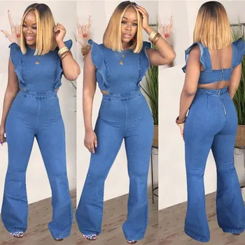 

2019 Plus Size Casual Denim Jumpsuit Women Butterfly Sleeve Long Romper Backless Skinny Party Overalls