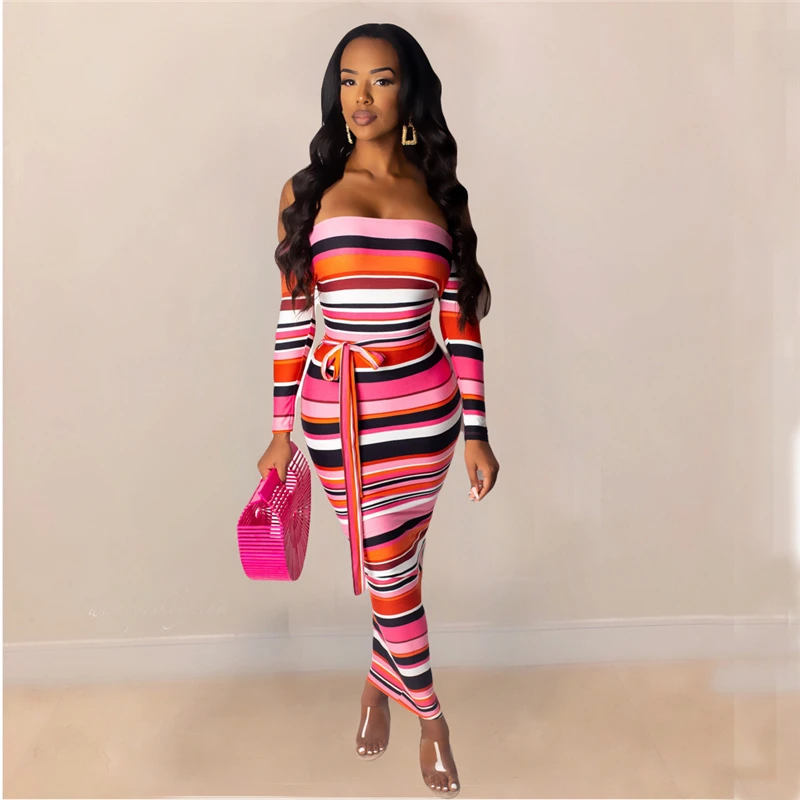 

Great Sexy Party Strapless Bandage Dress Women Hippie Bodycon Striped Dress With Belt Sashes Birthday Outfits For Women Clothing