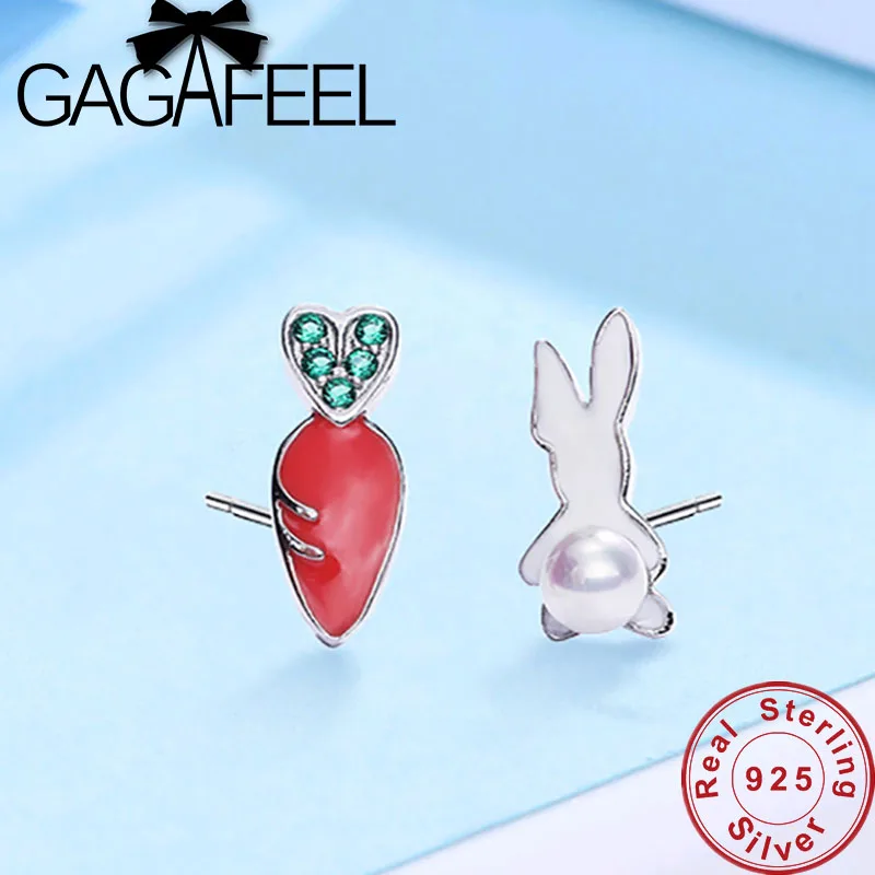 

GAGAFEEL Cute Animal Bunny Rabbit Carrot Stud Earrings for Women Enamel Asymmetry Creative 925 Silver Cartoon Ear Jewelry