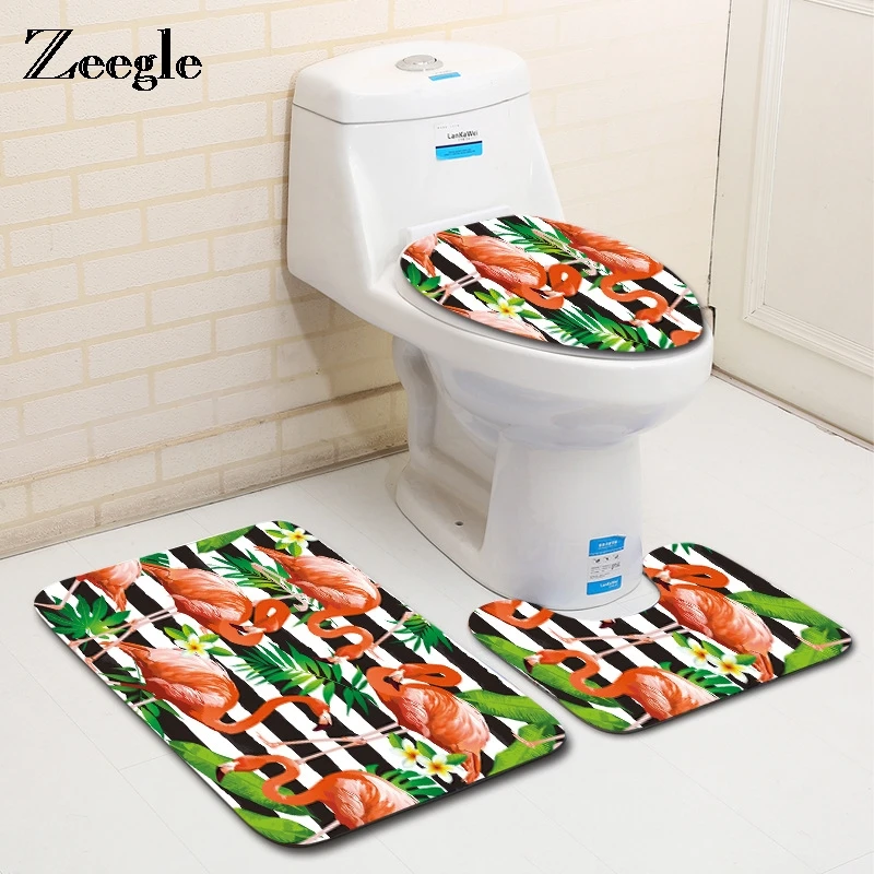 

Zeegle Flamingo Series Pattern Bathroom Carpets 3pieces Non-slip Shower Room Floor Mats Foot Pads Washable Toilet Rugs Lid Cover