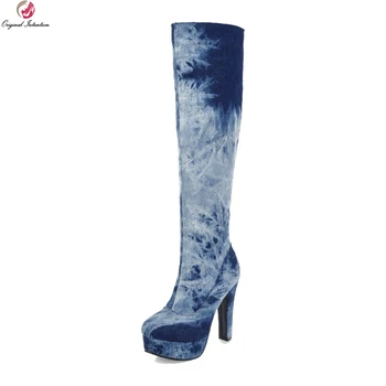 

Original Intention New Stylish Women Knee High Boots Round Toe Square Heels Boots Blue Dark Blue Shoes Woman Plus US Size 4-16