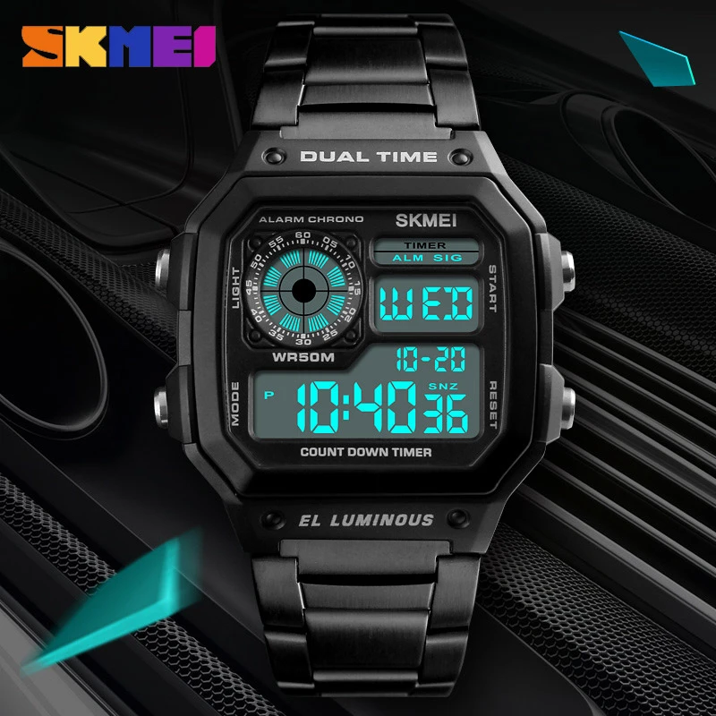 SKMEI Men Sports Watches Count Down Waterproof Watch Stainless Steel Fashion Digital Wristwatches Male Clock Relogio Masculino