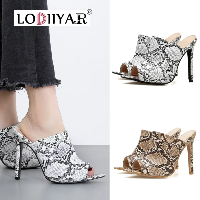 

Ladies Shoes High Heels Mules Snake Printed Peep Toe Slides Sandals Slip On Thin Heel Party Wedding Dress Shoes Sexy Stiletto