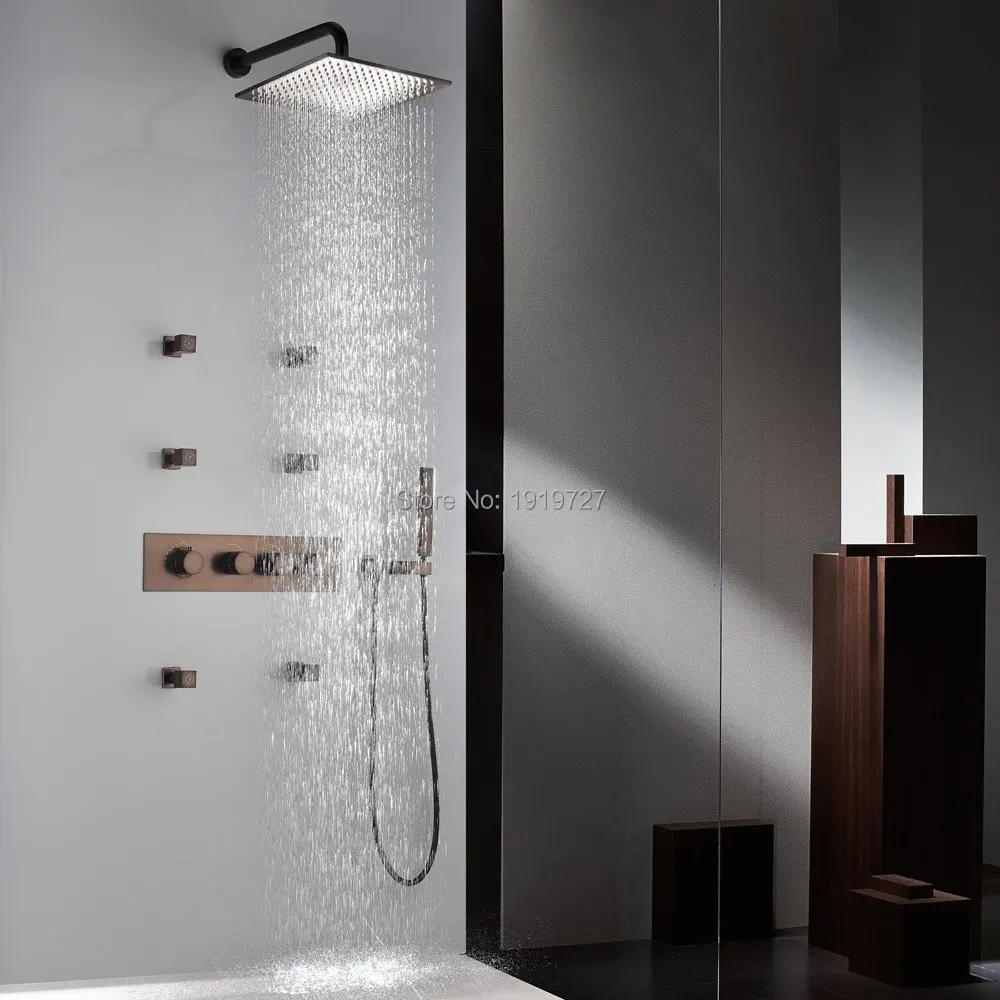 

Orb Shower System Rainfall Waterfall Shower Heads Handheld Shower Thermostatic Control Valve and Body Jets In Oil Rubbed Bronze
