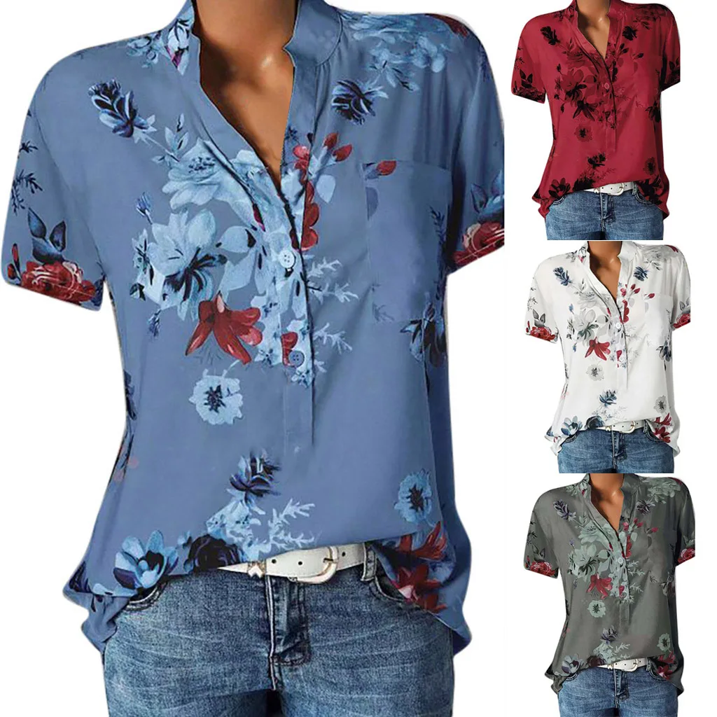 

2019 Explosion Models Fashion Print V-neck Short-Sleeve Shirt Top 10 Color 8 Code