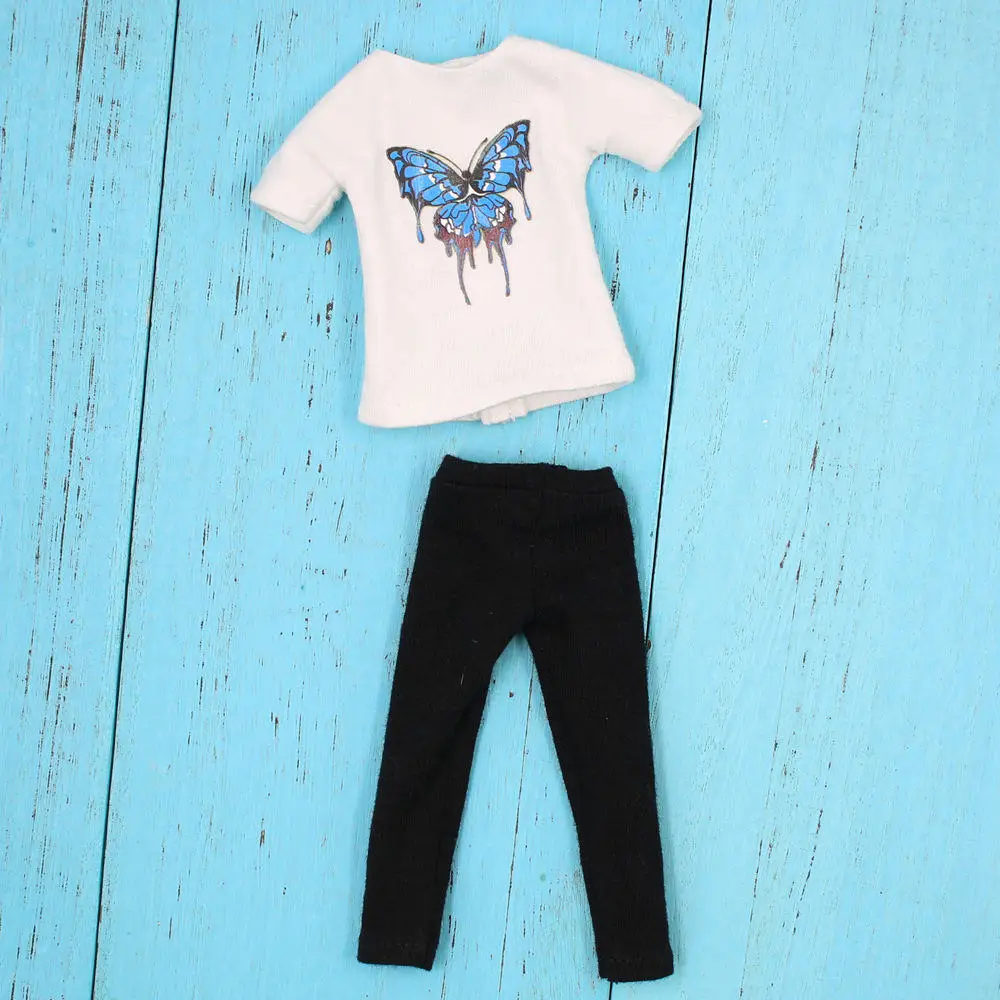 Наряд для куклы Blyth, пушистое пальто с бабочкой, футболка и черные штаны для куклы 1/6, BJD ICY NEO - Цвет: f