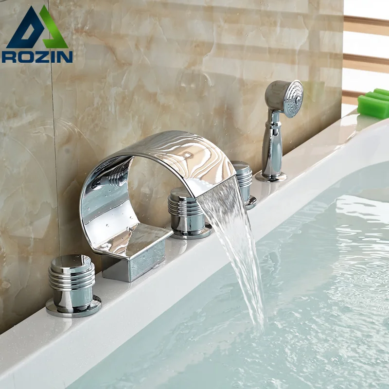 

Deck Mount Waterfall Roman Tub Mixer Faucet Widespread Bathroom Tub Filler with Handshower