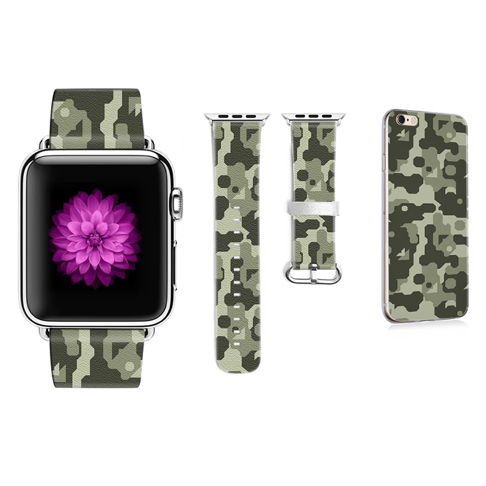 

Band for Apple Watch Band Custom Camouflage Pattern Genuine Leather for Iwatch Series 1 2 3 Band 38mm 42mm Gifts for IPhone Case