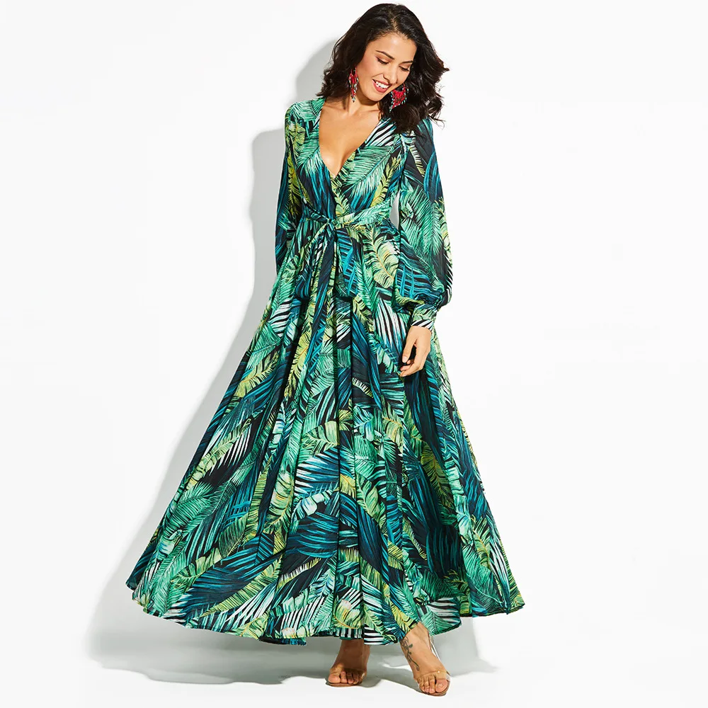 HEE GRAND/женское платье макси для вечеринки, сексуальное летнее платье с v-образным вырезом, женское богемное Платье с принтом в виде зеленых листьев, женские платья WQL5821