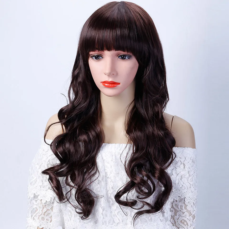 JINKAILI парик длинные волнистые Аниме Косплей темно коричневый парики с челкой термостойкие синтетические волосы для женщин