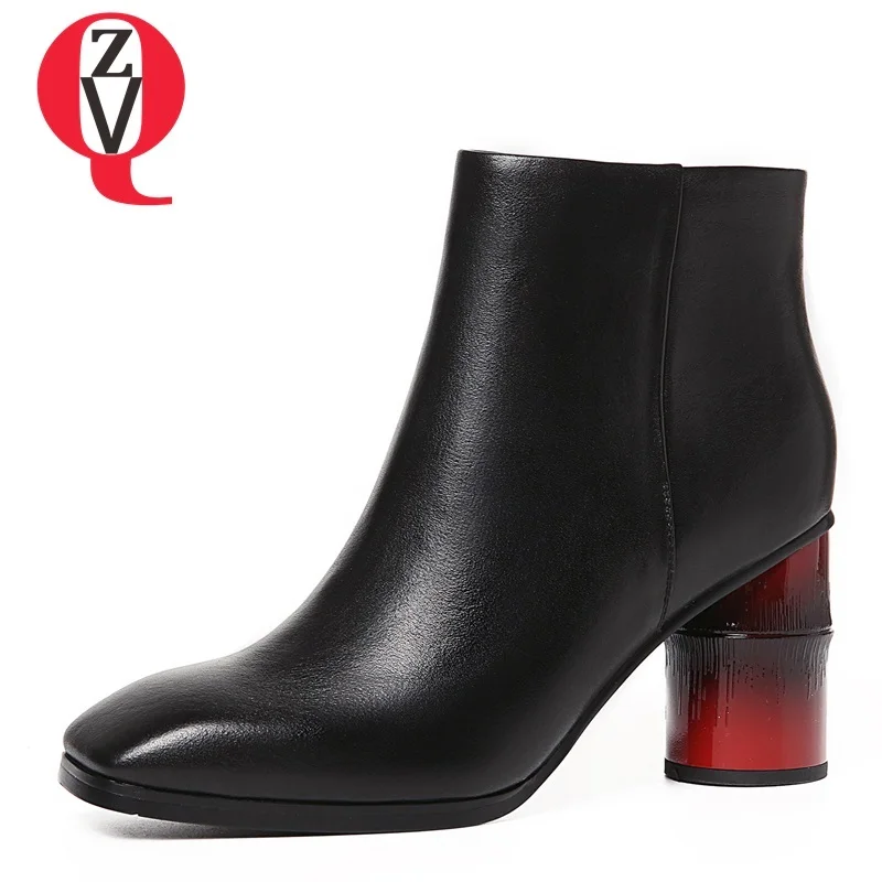 

ZVQ newest hot sale genuine leather square toe high strange style zipper black outside fashion winter plush warm ankle boots