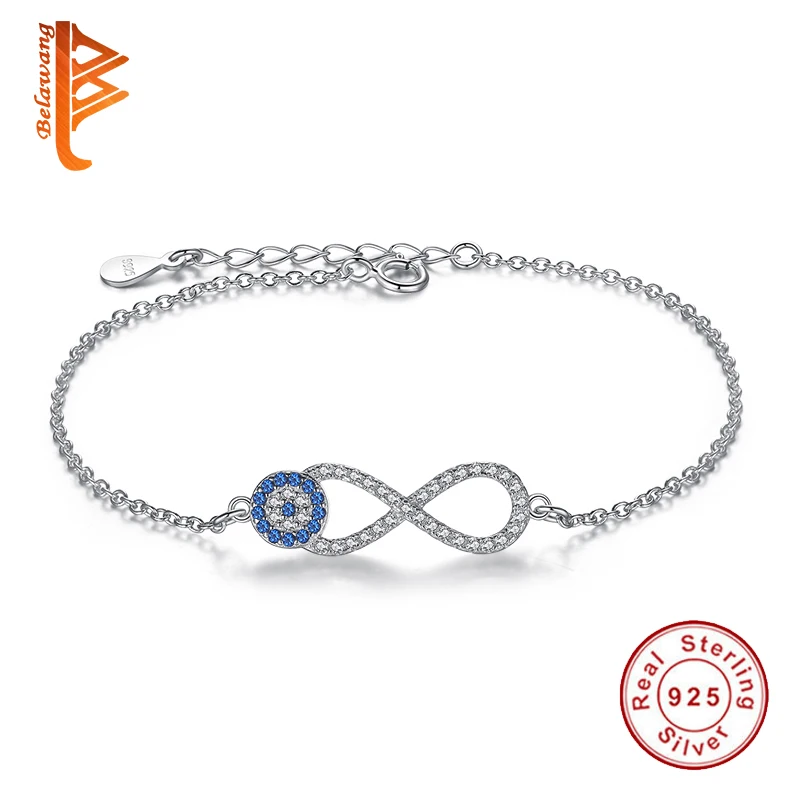 

BELAWANG 925 sterling silver link chain bracelet bangle Blue Rhinestone Lucky eye &Infinity charm bracelets for women Jewelry
