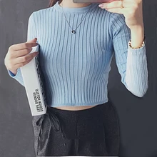 2017 Spring Autumn Tops Women O-neck Long Sleeve Sexy High Waist Sweater knitted Cropped knitwear Women Sweaters Pullovers 1307