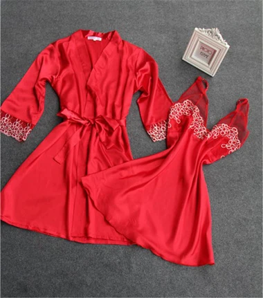 Новое поступление, летний стильный Шелковый Атласный халат, комплект для женщин,, халат со средним рукавом+ ночная рубашка, комплект из двух предметов, одежда для сна - Цвет: red set