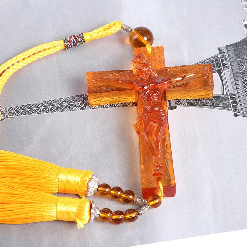 Jesus Crystal Crucifix Cross Hanging Pendant Lucky Protection Good Fortune Crystal Craft Feng Shui Christian Home Decoration