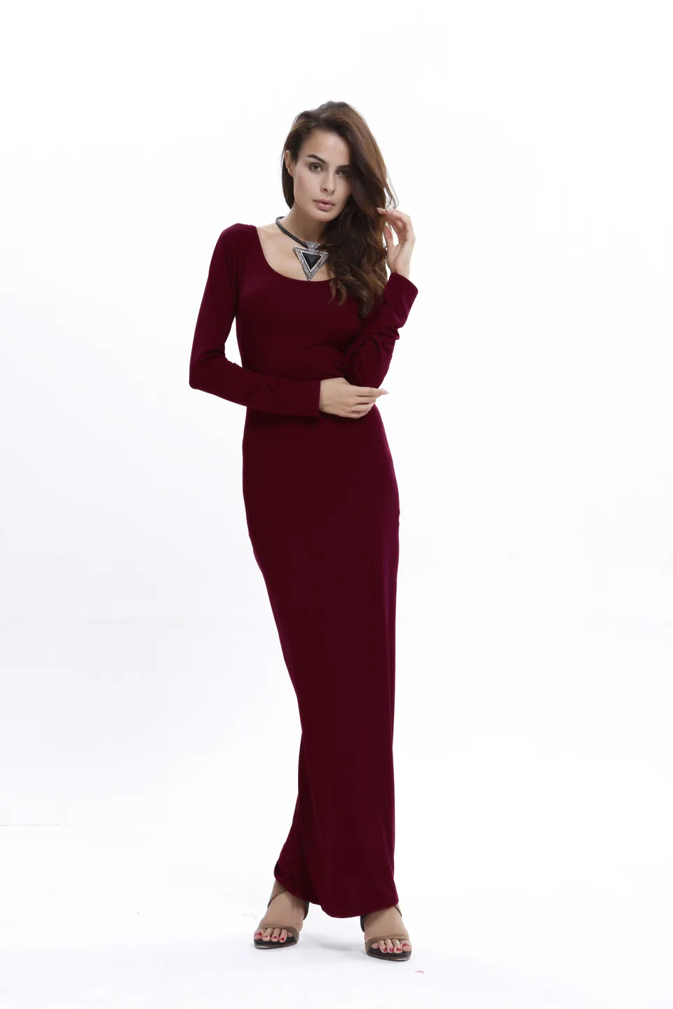 Сексуальное однотонное офисное платье-туника, вечернее платье макси черного цвета, женское облегающее платье с длинным рукавом, vestido De festa Robe Femme - Цвет: Wine Red