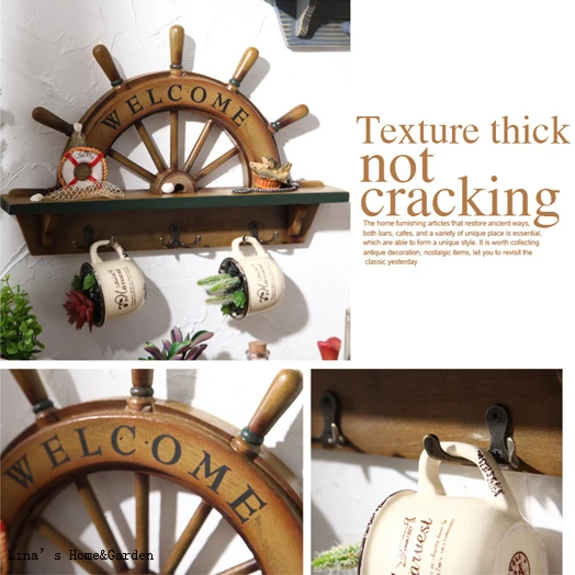 helm wheel design shabby vintage 3 hooks floating shelves wood (5)
