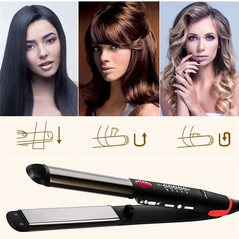 2 in 1 Hair Straightener with Dual Use Flat Curling Iron with 5