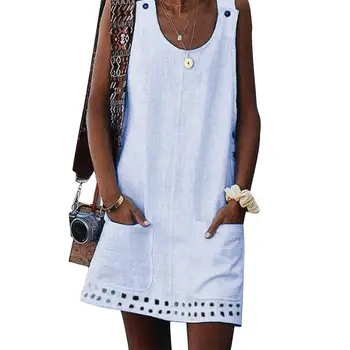 

Casual Summer Solid Color Women Hollowed Sleeveless Loose Mini Dress with Pocket brief