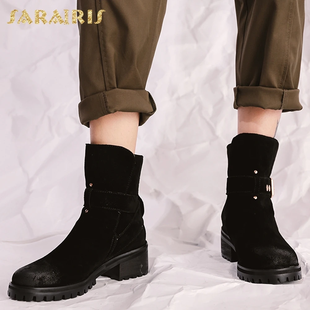 

SARAIRIS New Cow Suede Chunky Heels Buckle Decoration Ankle Boots Women Shoes Woman Hot Sale Woman Boots Size 34-40