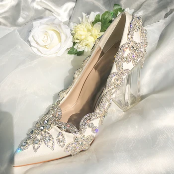 Luxury Wedding Shoes Bride Clear Crystal Heels 10cm Square Heel